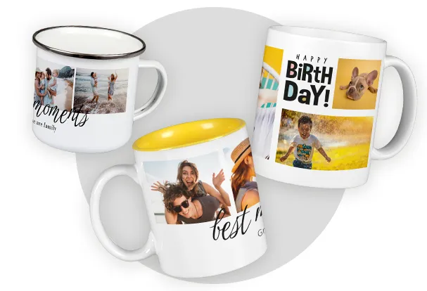 Personalised photo mugs including enamel and colourful inside designs