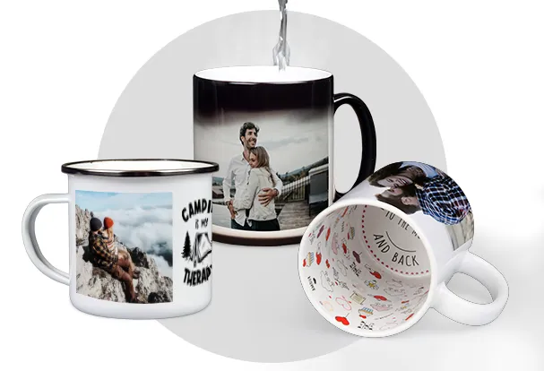 Custom photo mugs, including a magic mug, a photo mug with inner design and an enamel mug. Pick your favourite mug and get creative!