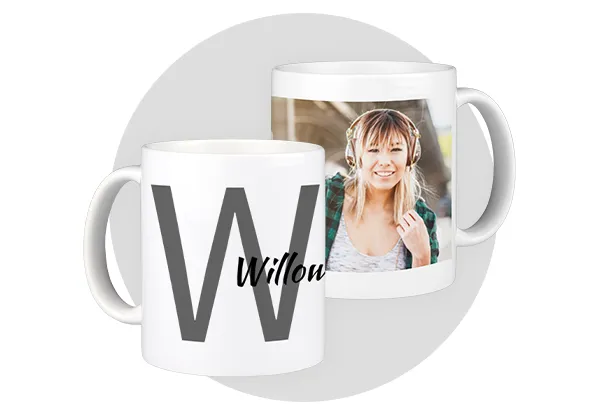 Personalised white photo mug showing the initial "W", the name “ "Willow" and portrait of a young woman. Create your own custom mug and get the perfect morning pick-me-up.