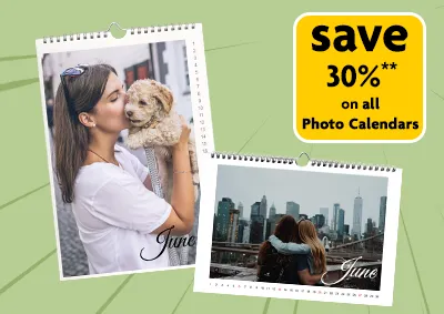 Banner showing 30% off all personalised photo calendars – A4 and A3 formats by Morrisons Photo.