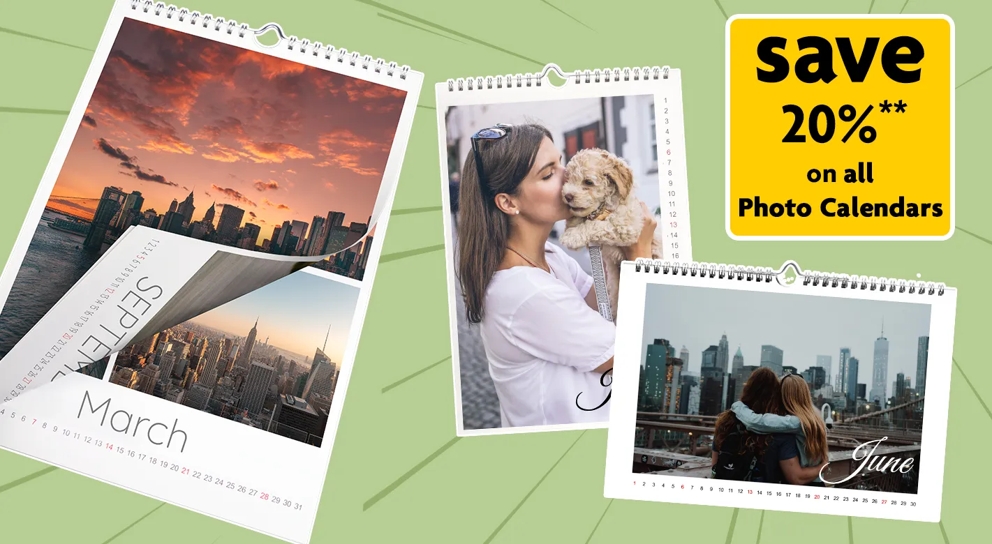 Photo calendar offer showing city and family photos – 20 percent off with Morrisons Photo