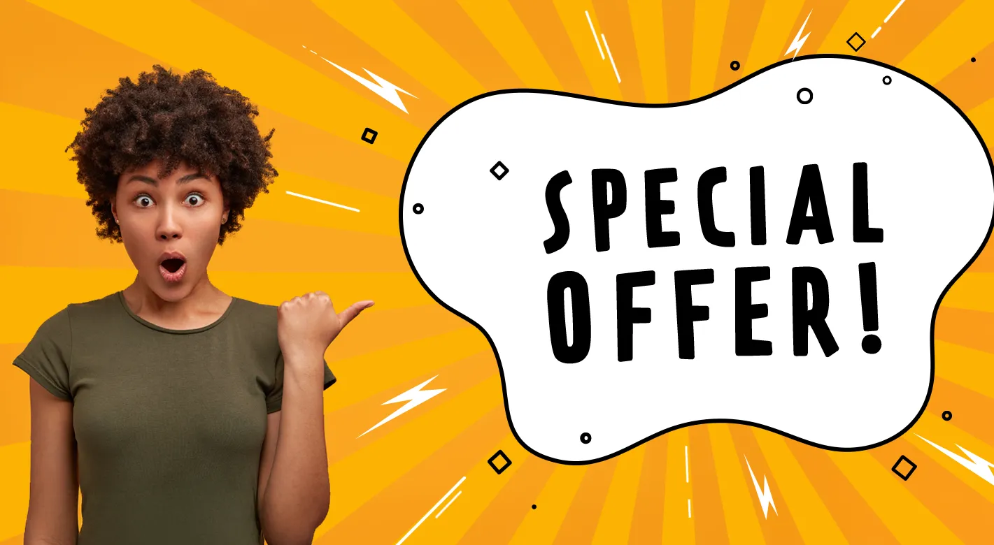 Special offer graphic with surprised woman pointing