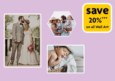 Wall art teaser graphic featuring canvas and photo prints – link to 20 percent wall art offer