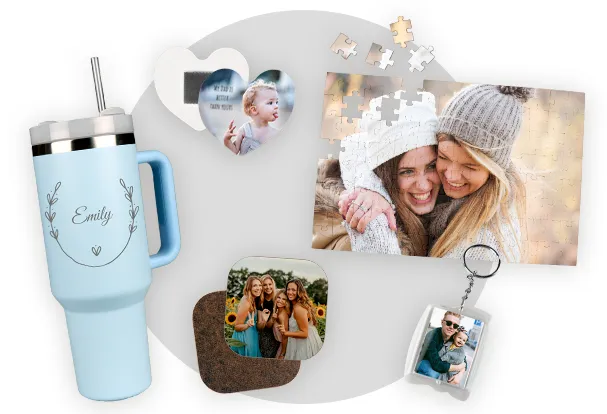 Assorted personalised photo gifts including puzzle, coaster, keyring and tumbler