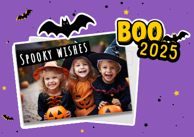 Halloween promotion teaser with children in pumpkin costumes and spooky wishes postcard – link to free postcard offer