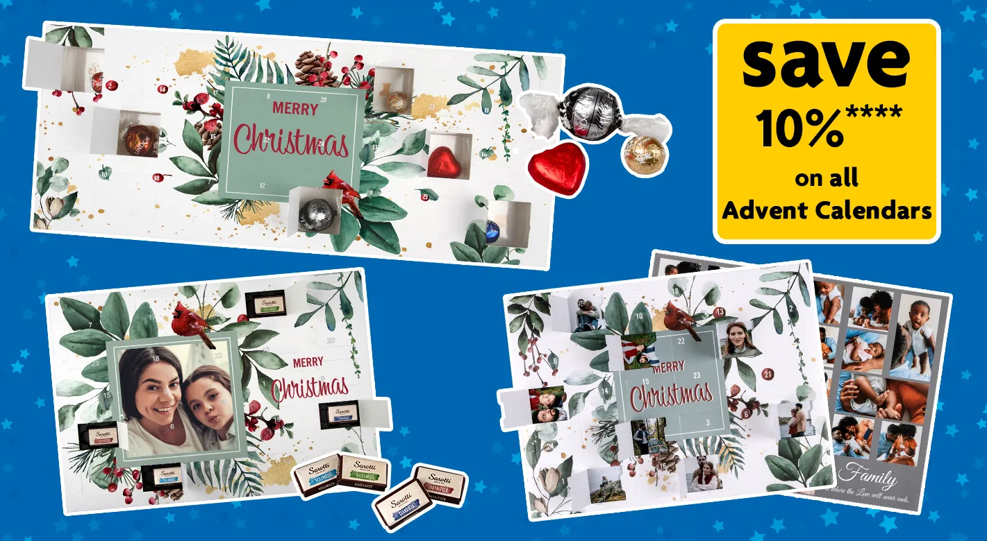 Advent Calendar offer showing personalised photo designs – 10 percent off at Morrisons Photo