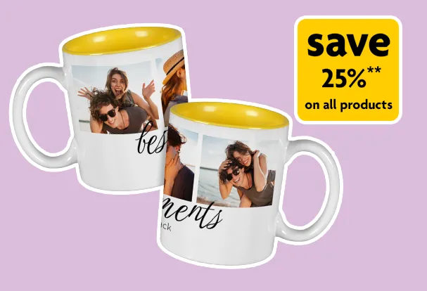 Promotion graphic of personalised coloured inside photo mugs with 25 percent discount