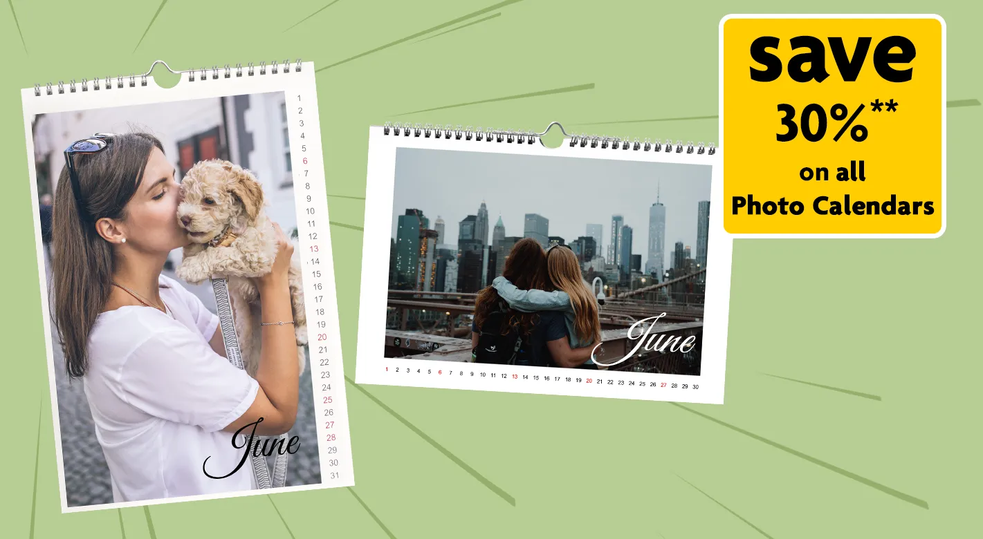 Hero image promoting 30% discount on all personalised photo calendars at Morrisons Photo.