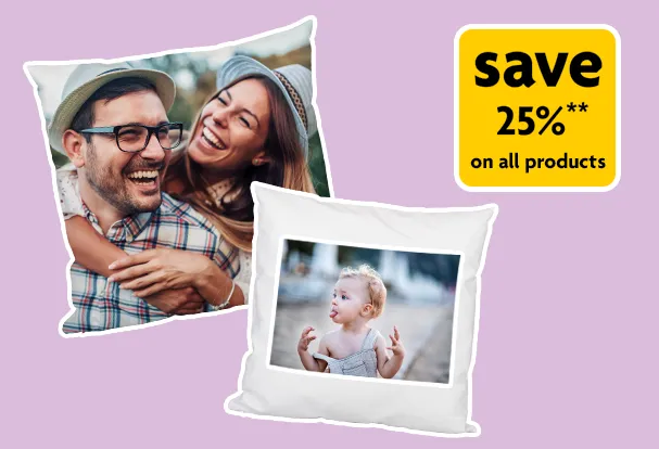 Promotion graphic with personalised photo cushions featuring couple and baby designs with 25 percent discount