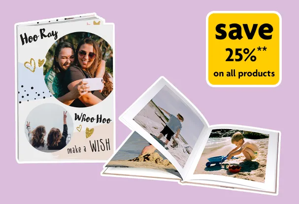 Promotion graphic showing personalised photo books with 25 percent discount