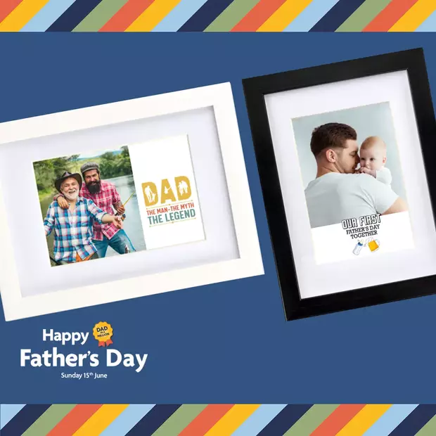 Celebrate Father’s Day with a personalised framed photo – perfect for dad’s favourite memories Framed personalised photo prints for Father’s Day – one showing baby and dad, the other shiwing two men outdoors. Choose a frame colour, pick your favourite design and create unique framed photo prints for Dad.