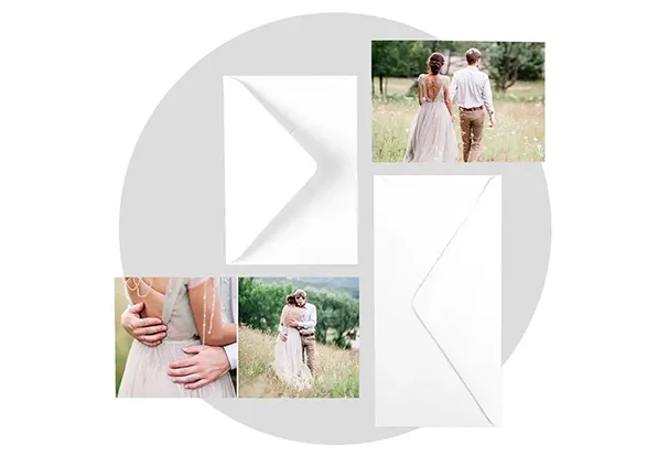 Wedding-themed photo cards with romantic snapshots and white envelopes. Create greeting cards full of love and send them to your family and friends.