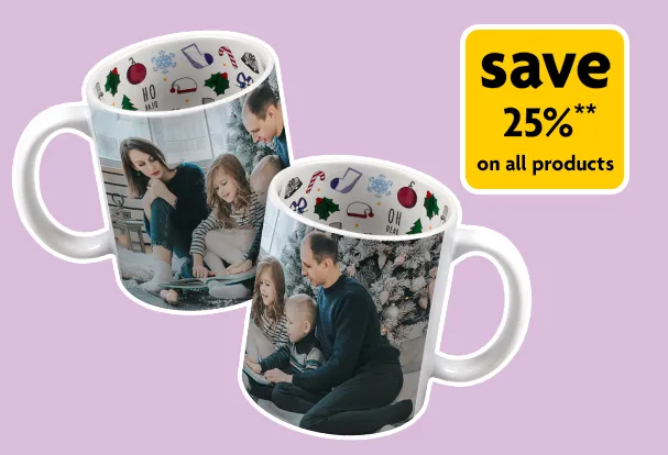 Promotion graphic of personalised Christmas photo mugs with festive inside design and 25 percent off