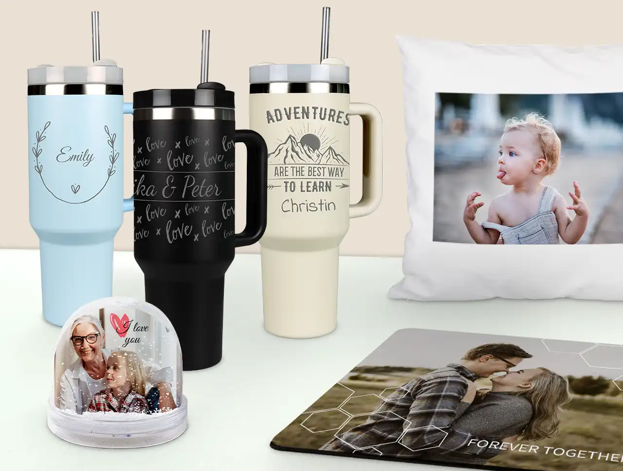 Discover creative photo gifts from thermos mugs to cushions Celebrate special memories all year long with cosy personalised photo gifts from Morrisons Photo like mugs, cushions and snow globes.