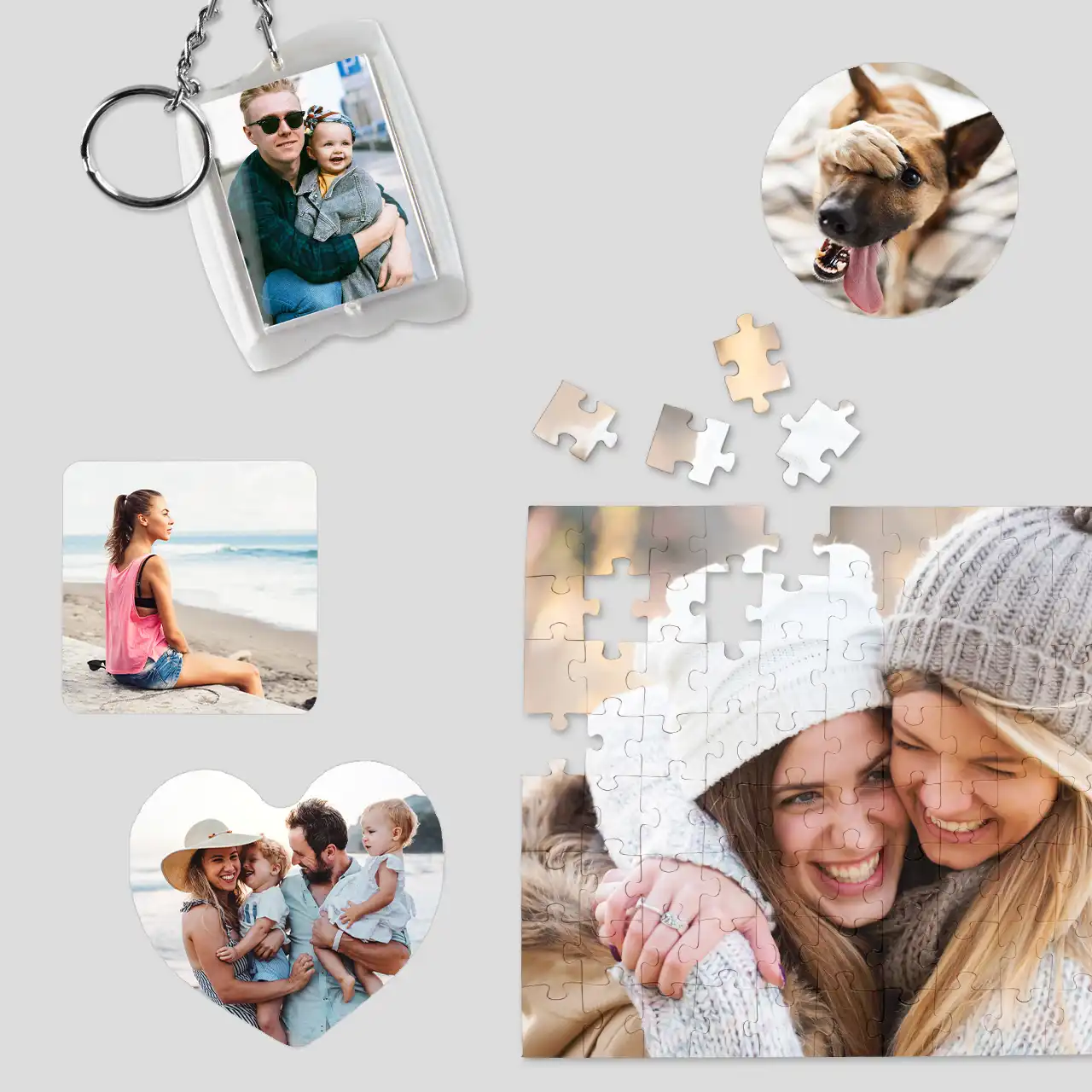 Personalised photo gifts for the whole family with many design templates A heartfelt mix of photo gifts like keyrings, coasters and puzzles – perfect personalised photo gifts for any season.