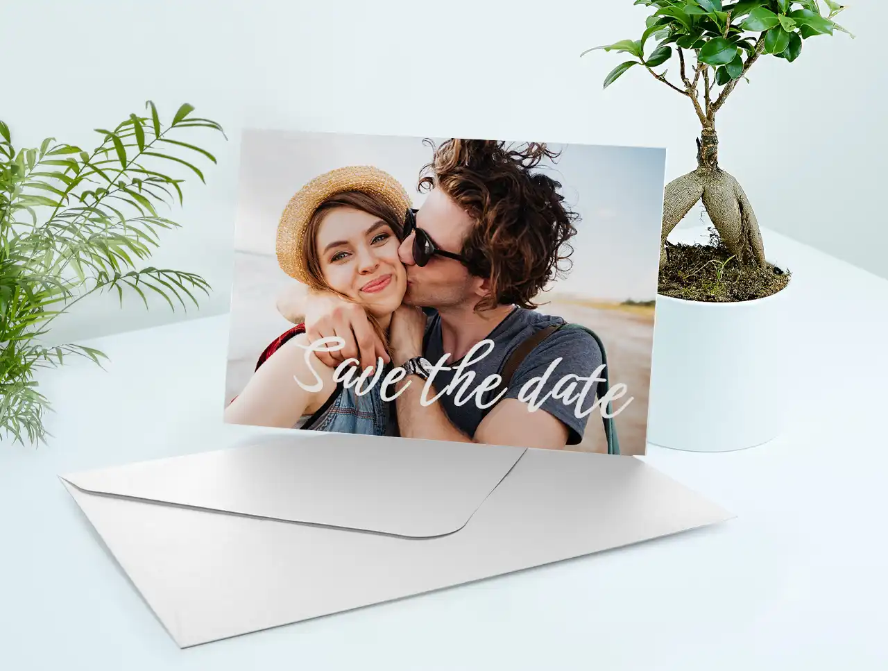 Save the Date personalised photo card design Print cards with a romantic photo and create a memorable Save the Date message.
