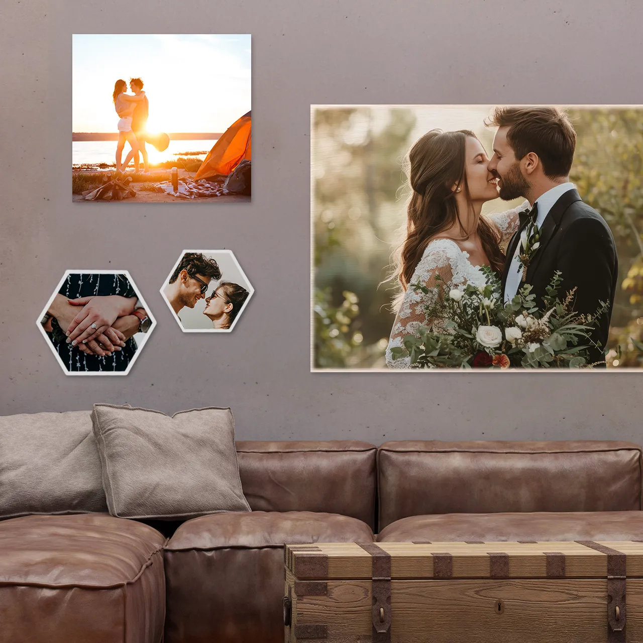 Explore unique wall photo combinations – canvas and hexagon photo tiles from Morrisons Photo Mix of canvas and hexagon photo tiles for a creative personalised wall display in living room
