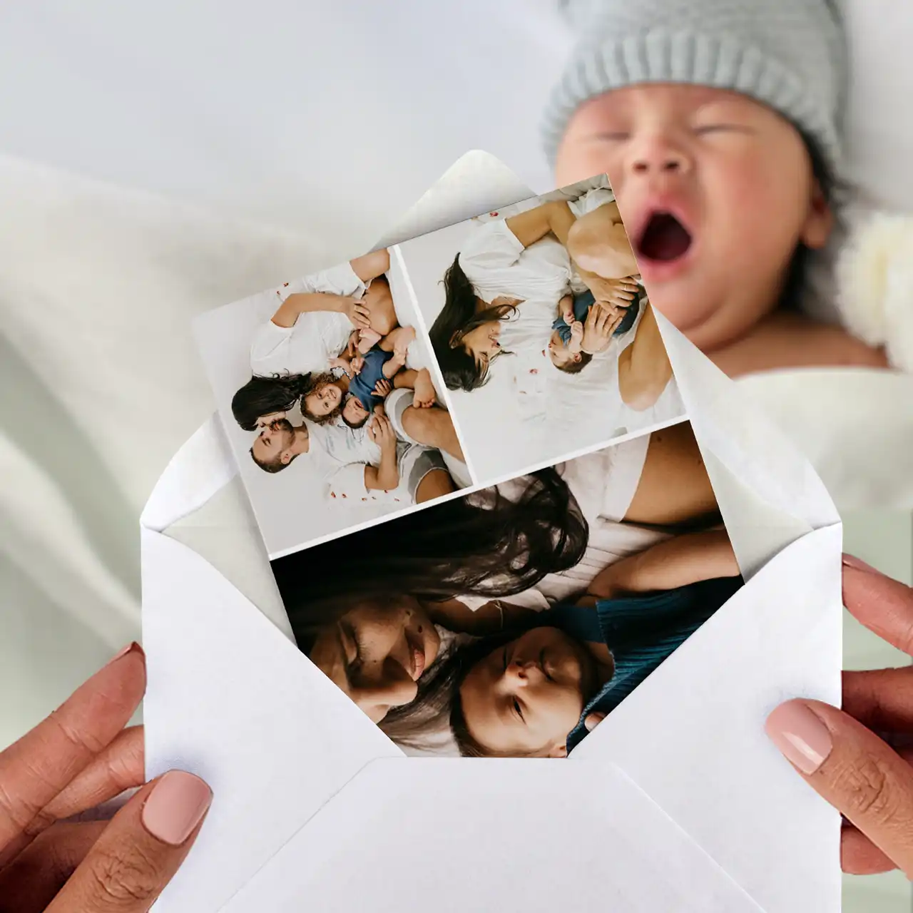Personalised card with photo layout and envelope Make your own card with a sweet baby photo and send a warm greeting to your loved ones.