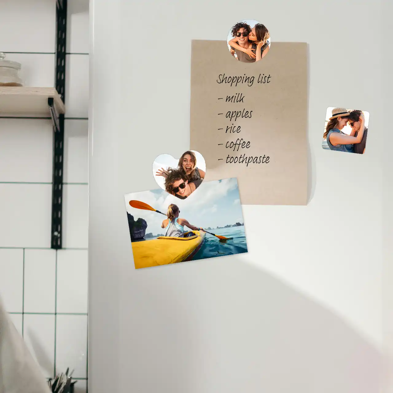 Fun fridge magnets with your own photos, in circle, heart and square shape These cheerful fridge magnets are charming personalised gifts that brighten everyday moments and keep memories close.