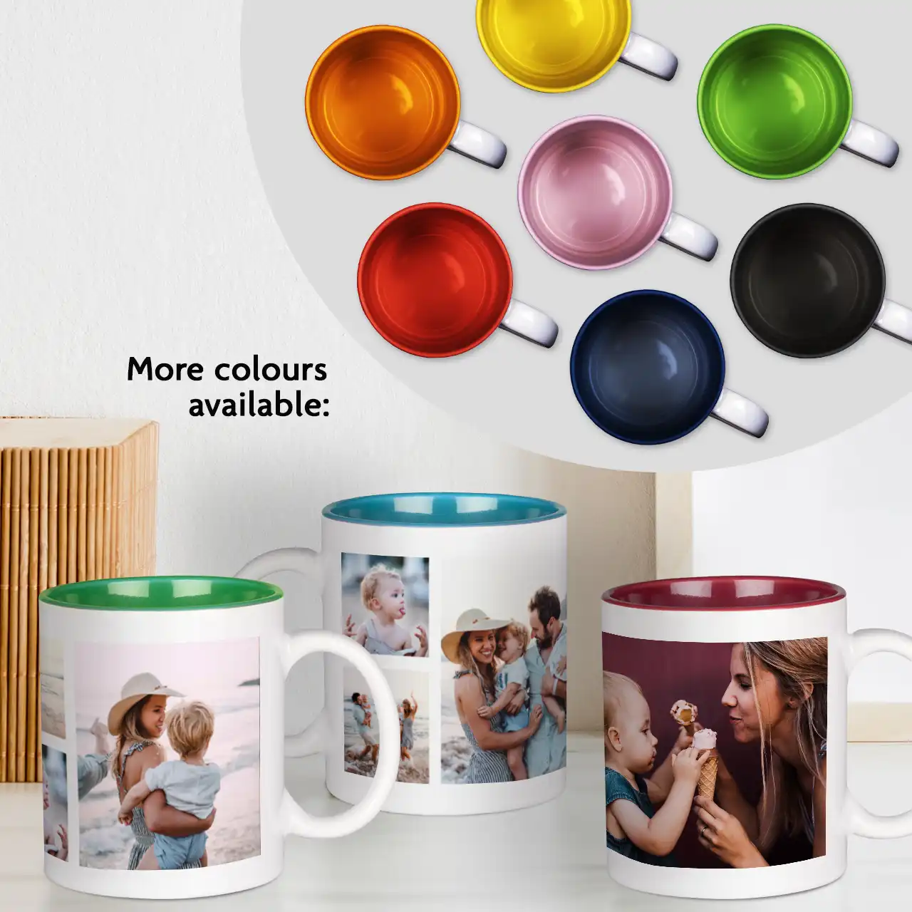 Colourful photo mugs with bright insides – mix, match, enjoy Add a splash of colour to your cup – create photo mugs with colourful insides in shades from bold to pastel.