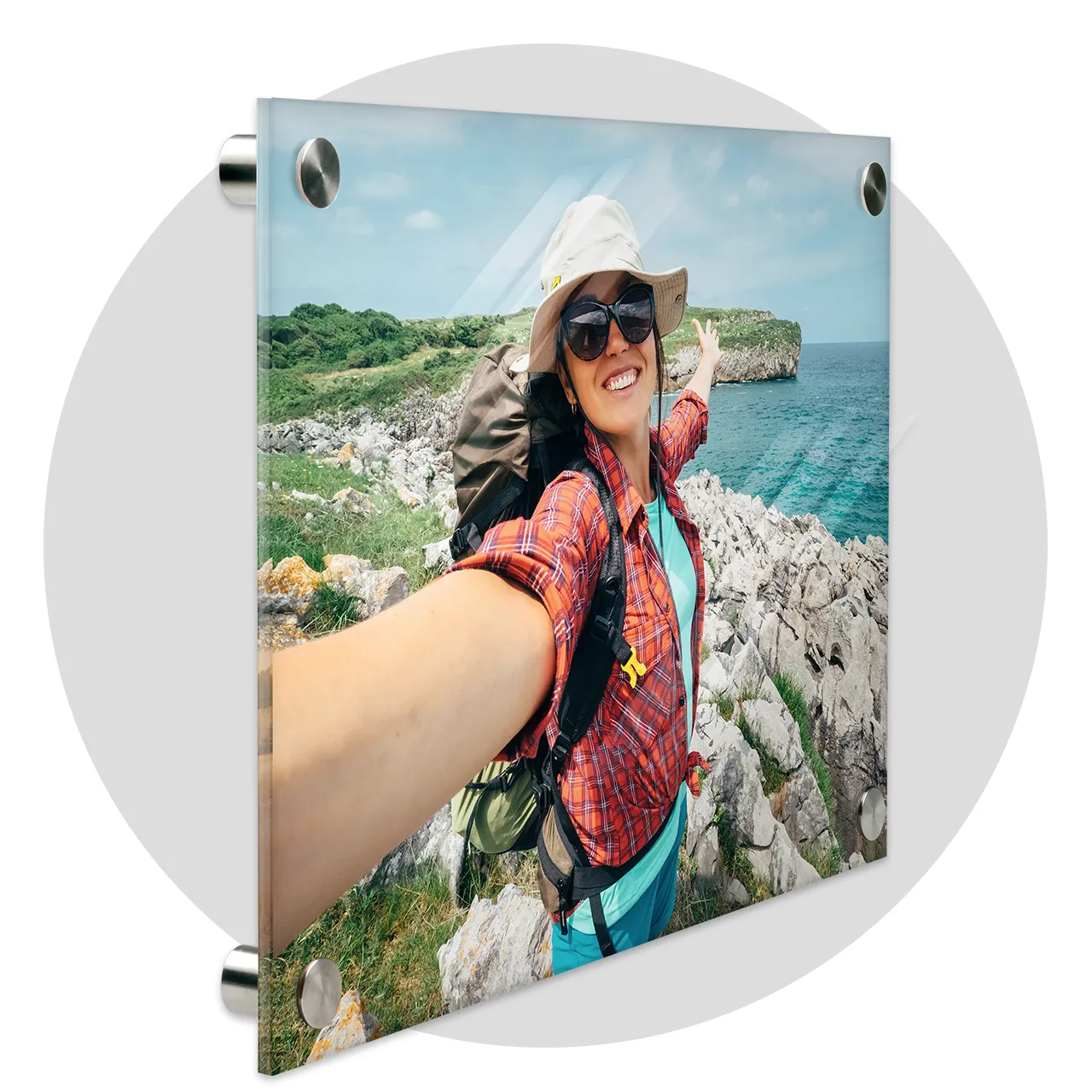 Glossy acrylic photo prints hanging in living room