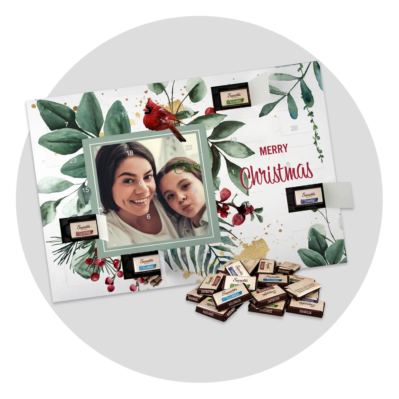 Create your personalised sweet advent calendar filled with Sarotti chocolate personalised sweet advent calendar with Sarotti chocolate and family photo cover