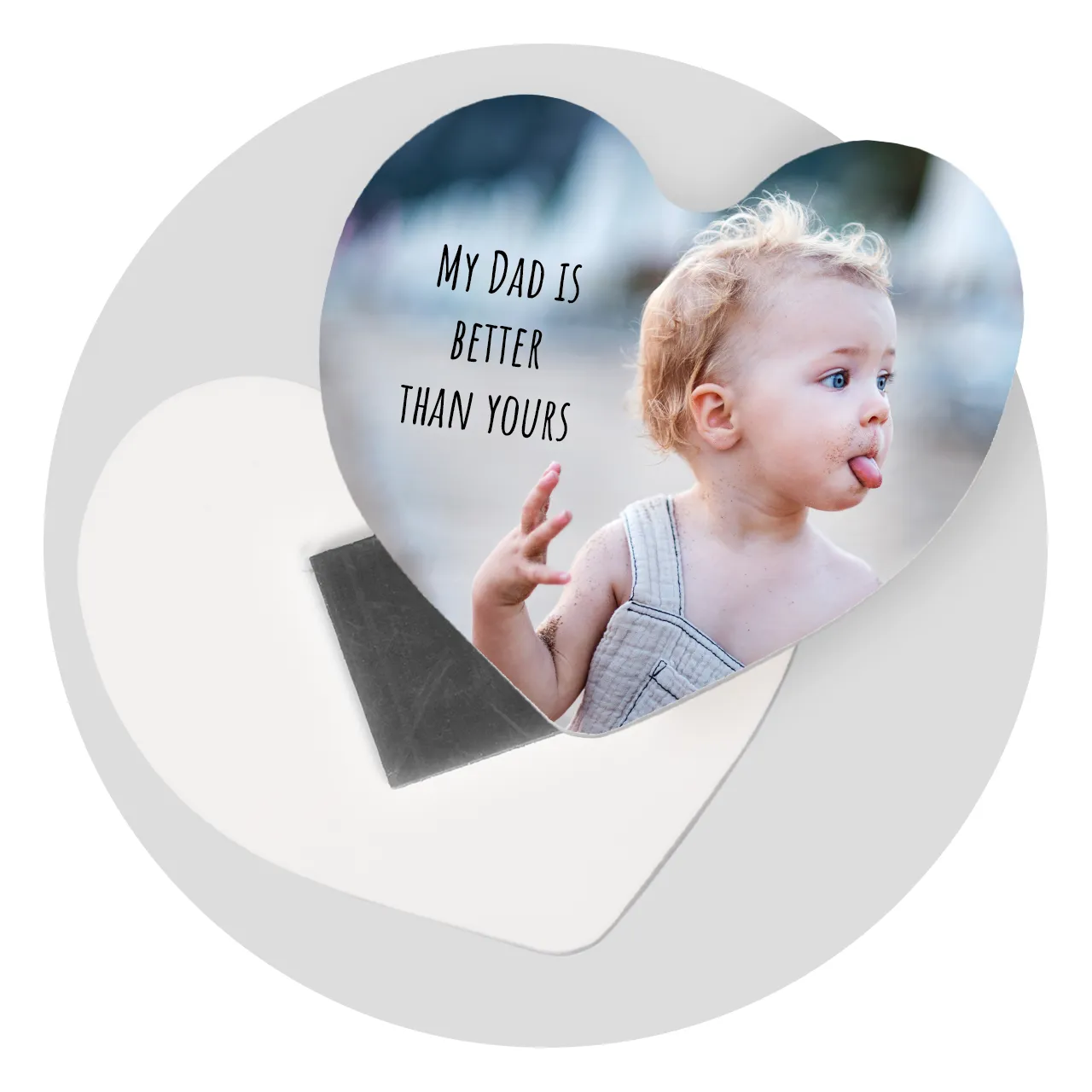 Heart-shaped custom photo magnet A personalised heart photo magnet with a baby picture and fun text – ideal for gifting and personalised magnets.