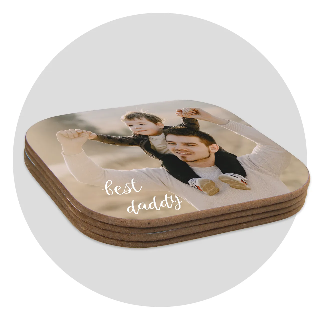 photo coaster, available individually or as a set A set of photo coaster options shown from the side – ideal for gifting or enjoying your favourite snapshots at home.