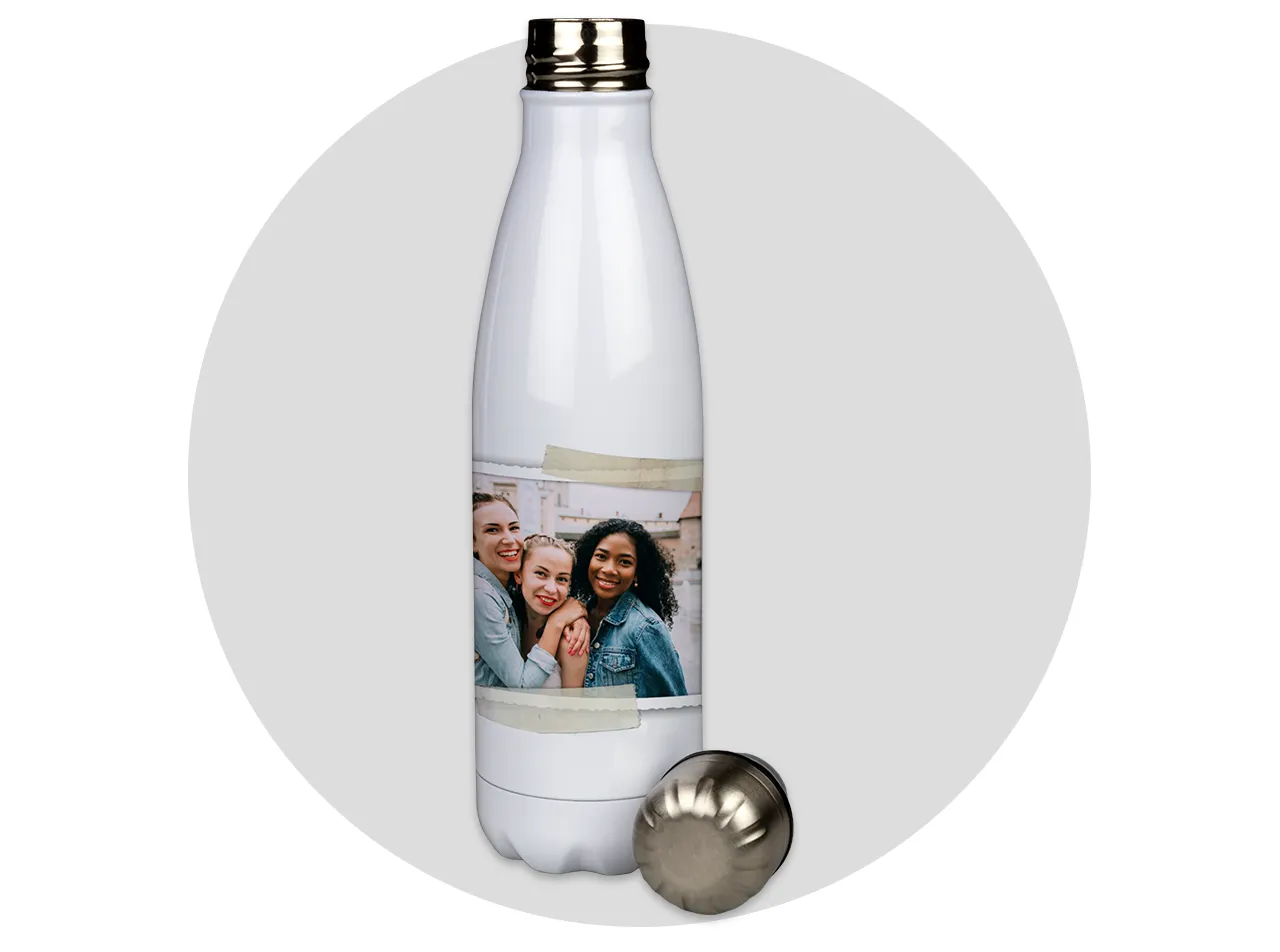 A personalised thermal bottle featuring a happy group photo, ideal for keeping drinks at the right temperature year-round.