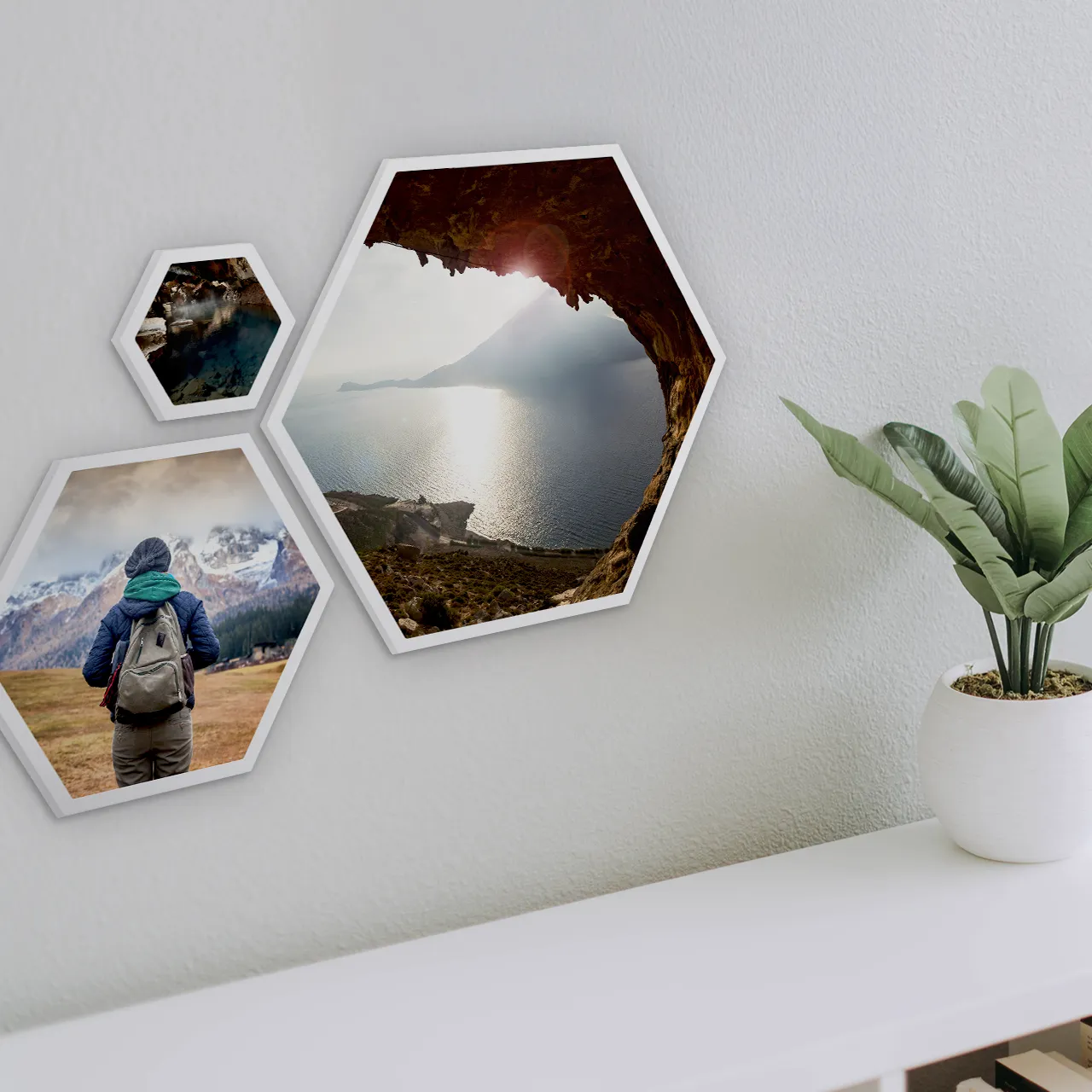 Personalised hexagon photo tile with friends – vibrant wall art Smiling friends printed on hexagon photo tiles with bright daylight