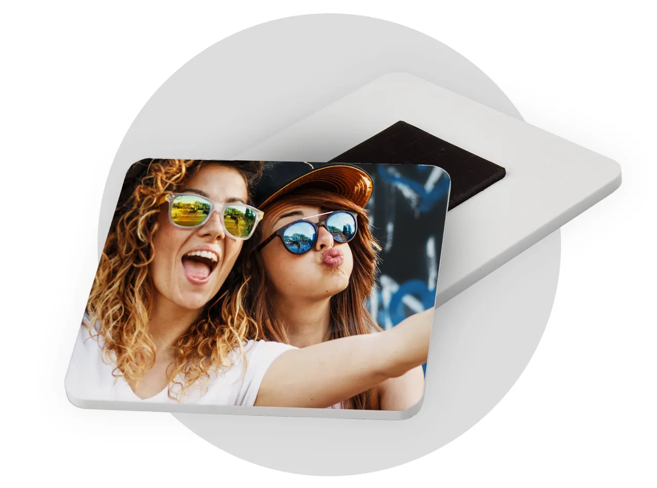 A photo magnet in square format featuring two women posing, ideal for fridge memories and magnet photo prints.
