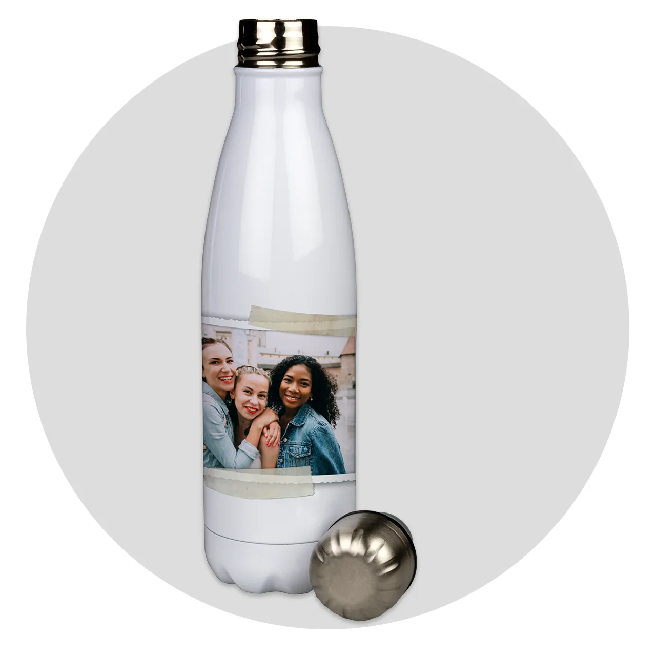 A personalised thermal bottle featuring a happy group photo, ideal for keeping drinks at the right temperature year-round.