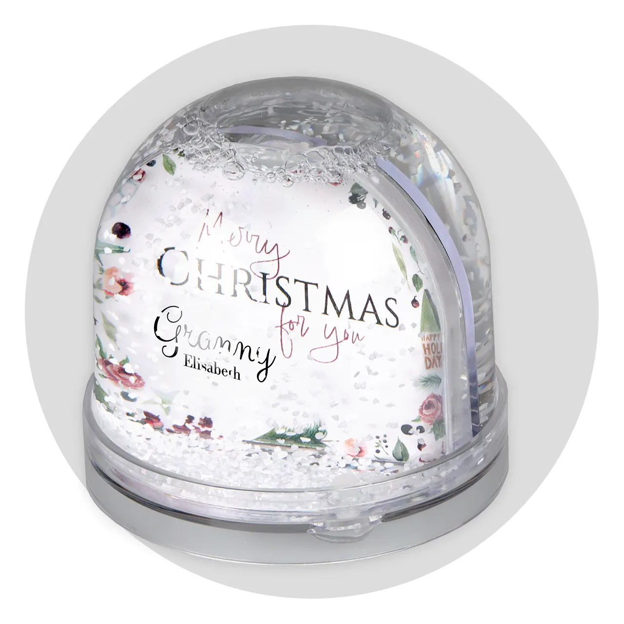 Personalised snow globe with white snow and double-sided photo Make your own photo snow globe with a cosy winter feel – your picture inside, snowflakes outside