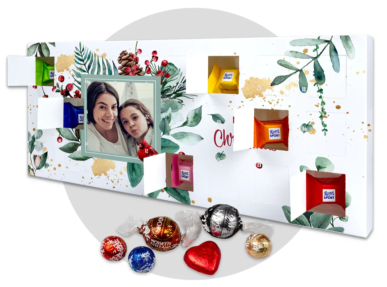 personalised advent calendar gift with festive floral design and family photo