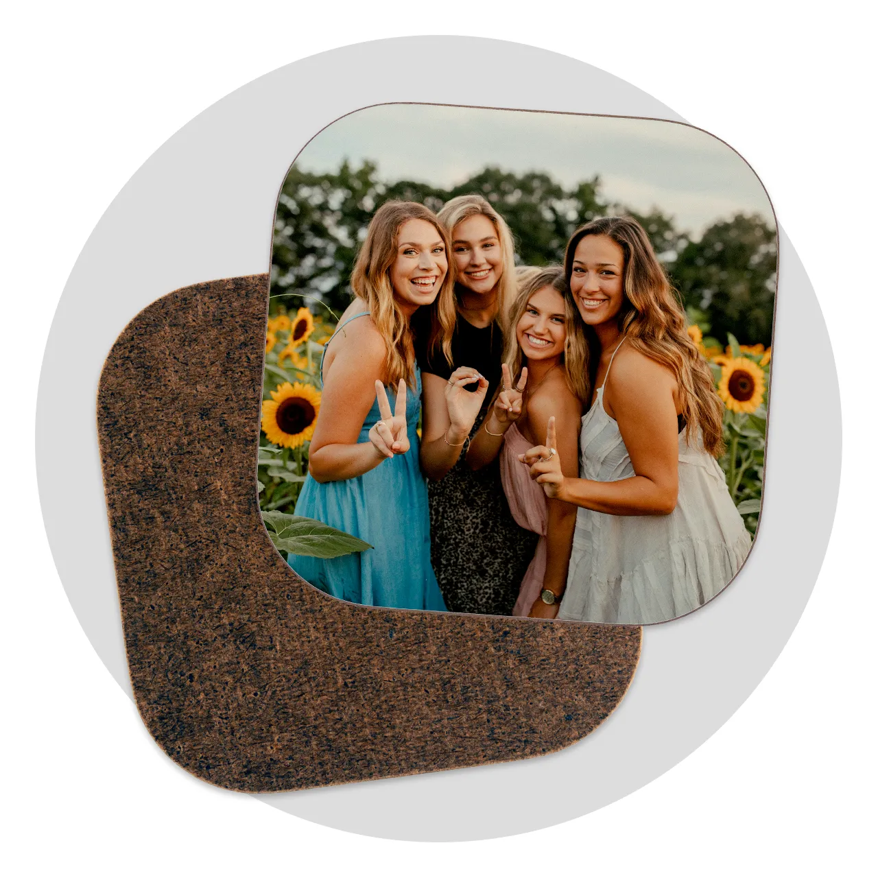 custom beer coasters, scratch-resistant surface Front and back side of custom beer coasters featuring a personal photo and durable surface with rounded corners.