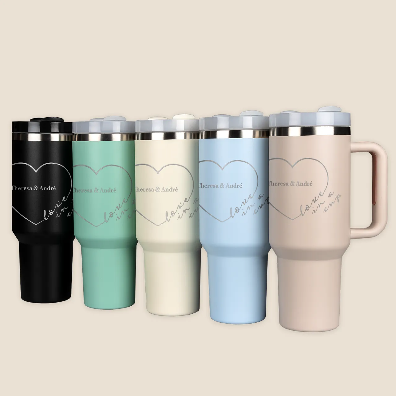 Stanley style cup, custom engraving, 5 colour options 5 thermos cups in different colours standing next to each other. They’re all personalised with the same design, showing what the engraving will look like on each colour option.