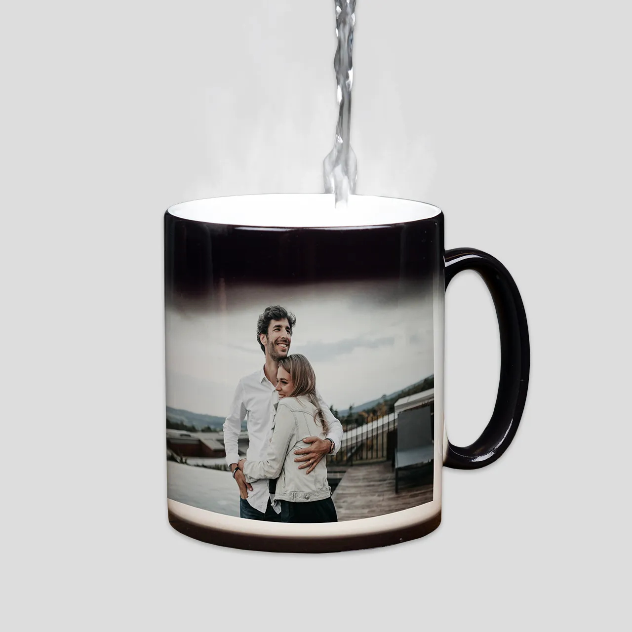 Custom magic mug with glossy finish, white on the inside The glossy surface on the outside of your Magic Mug allows your design to really stand out. Plus, the white inside of the mug provides a great contrast.