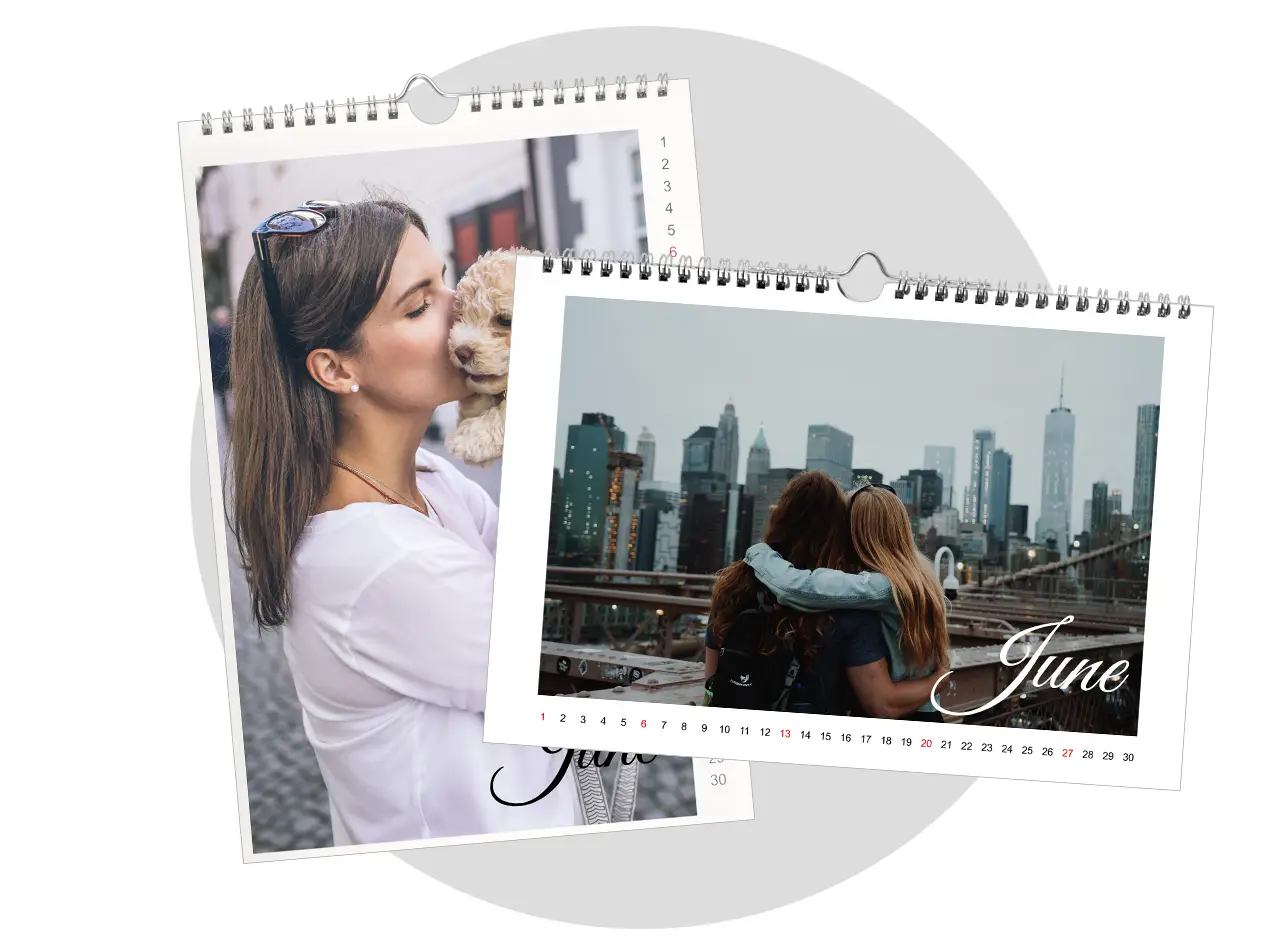 Two individual photo calendar examples, each with unique images and clear date layouts in portrait and landscape format.