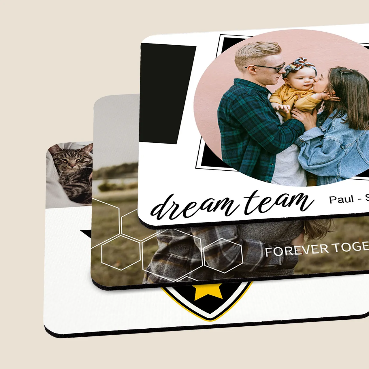 Personalised mouse mat, rounded corners, various designs The personalised mouse mat has rounded corners and is made of polyester and foam rubber. A wide range of design templates are available for you to choose from.
