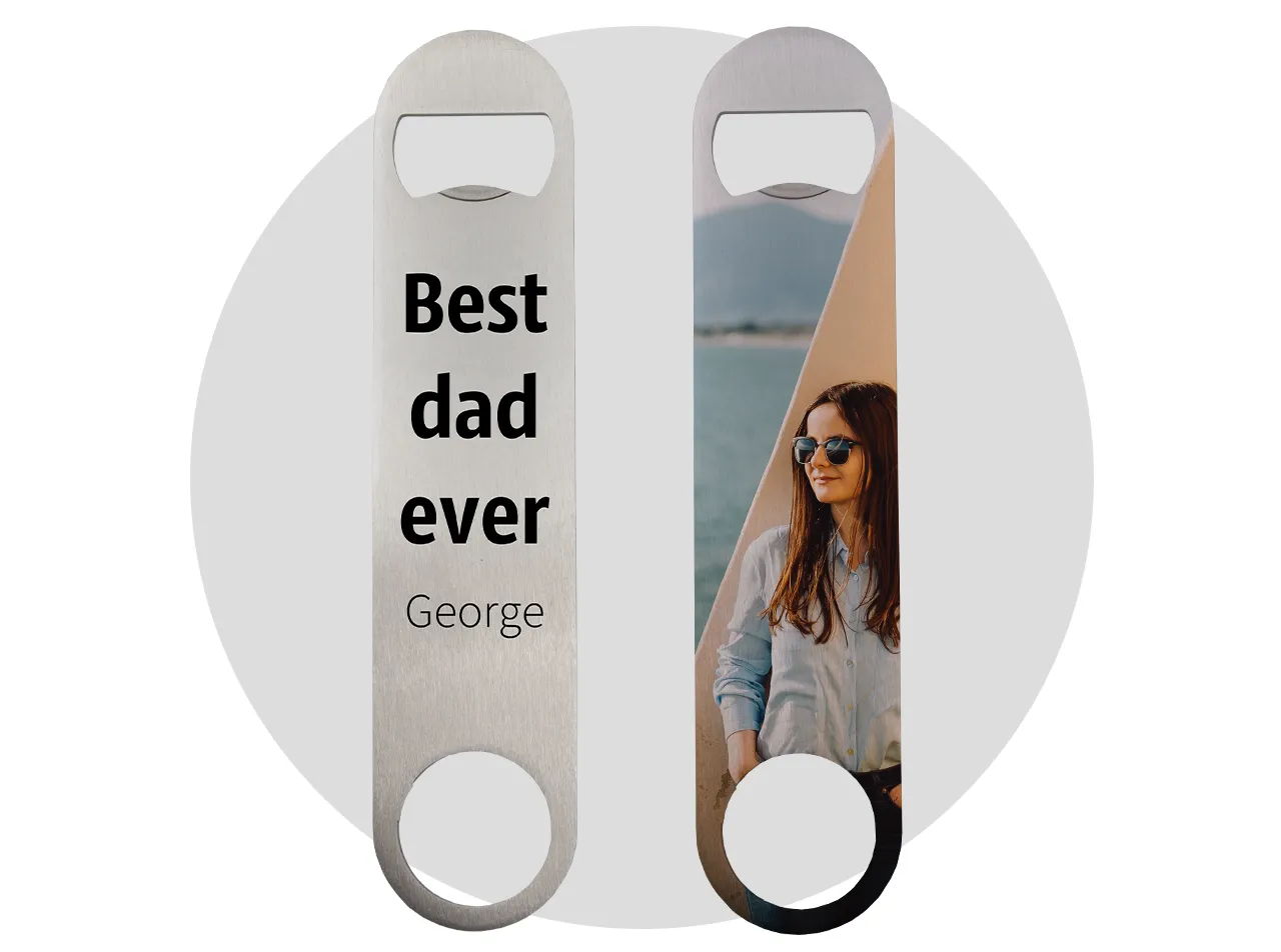 Order a personalised bottle opener with a photo and receive a high-quality gadget made of stainless steel with a thumb hole.