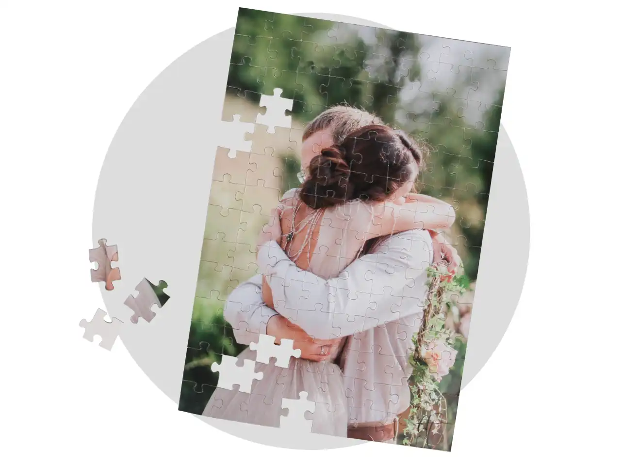A couple’s hug turned into a personalised jigsaw – ideal for meaningful photo puzzle moments at any time of year.