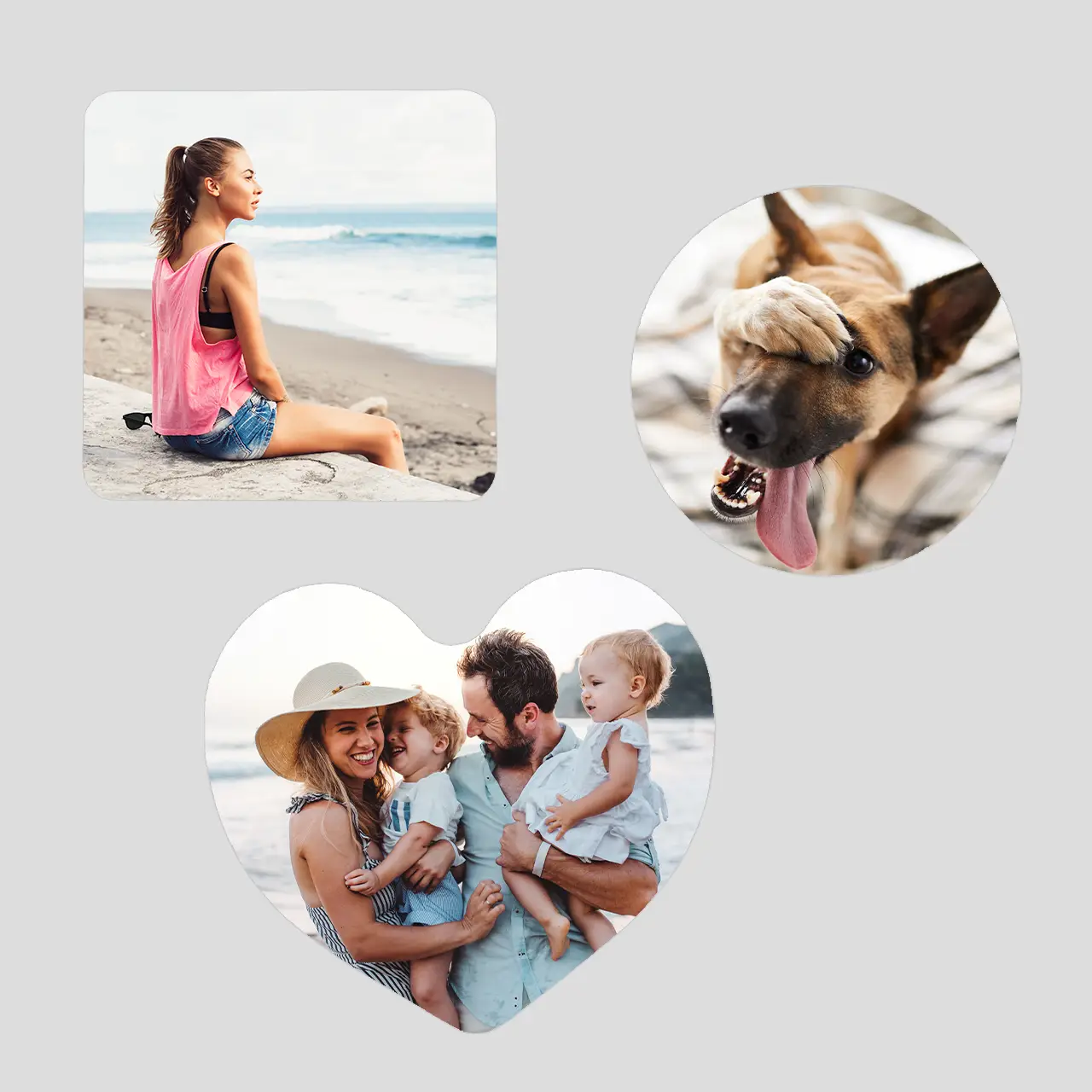 Mix of photo fridge magnets in three unique shapes Three personalised photo magnets – square, round and heart-shaped – with family and pet pictures on magnetic surfaces.