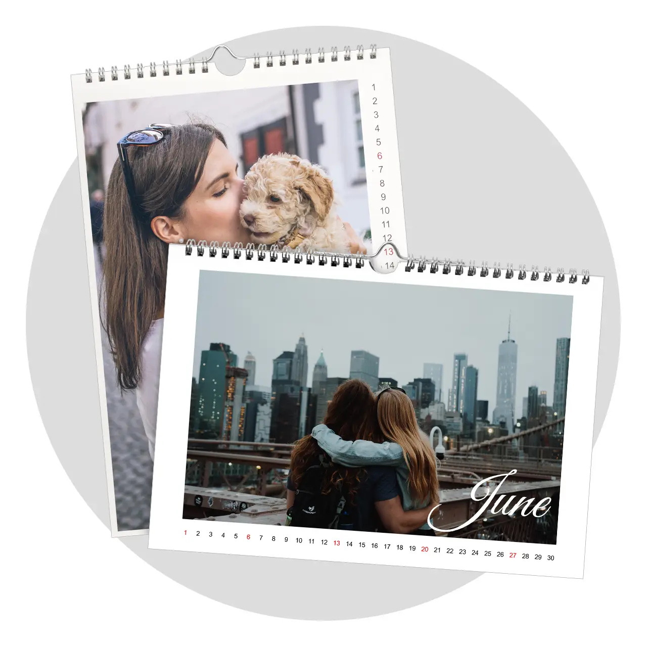 Two individual photo calendar examples, each with unique images and clear date layouts in portrait and landscape format.