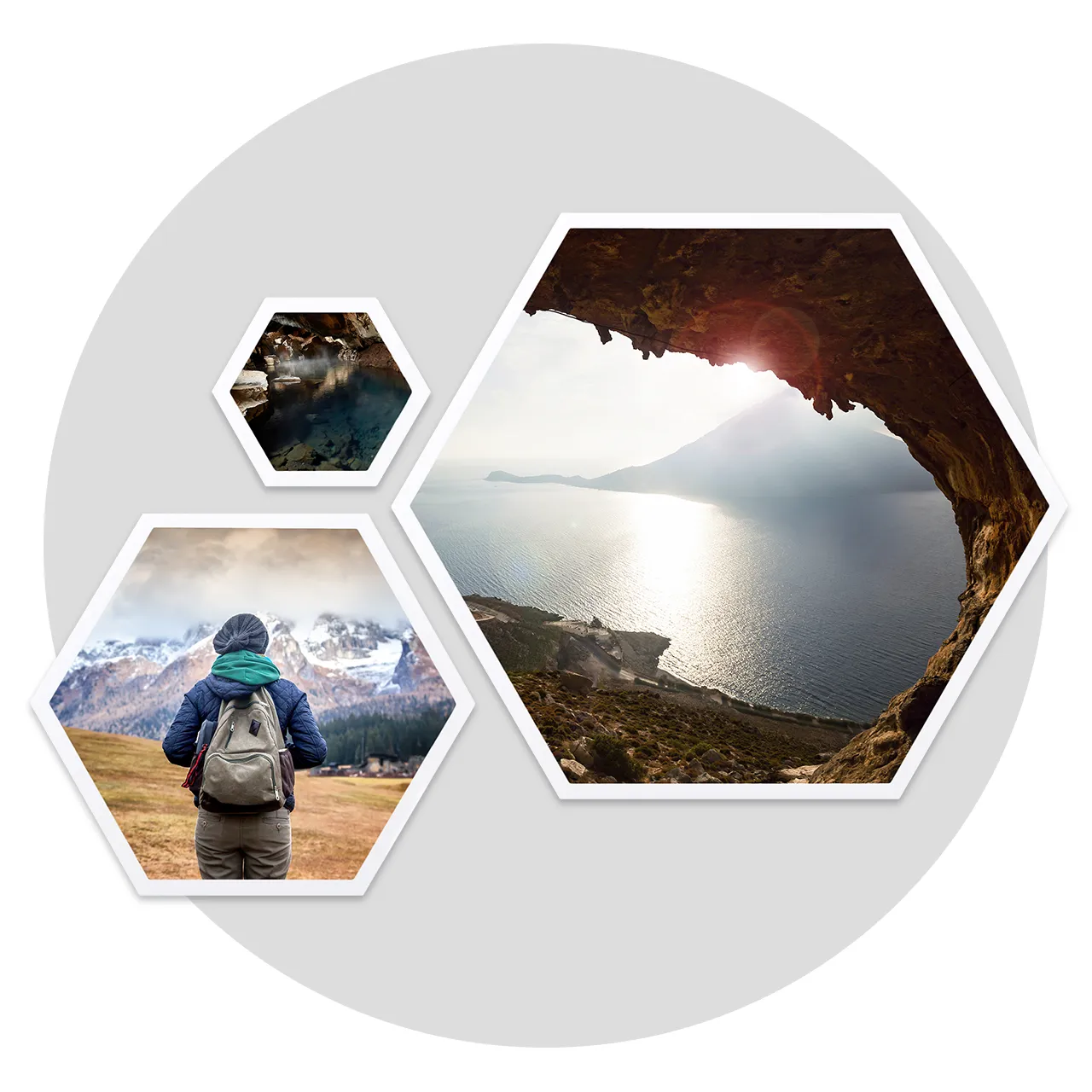 Three hexagon photo tiles forming a creative wall collage with travel images