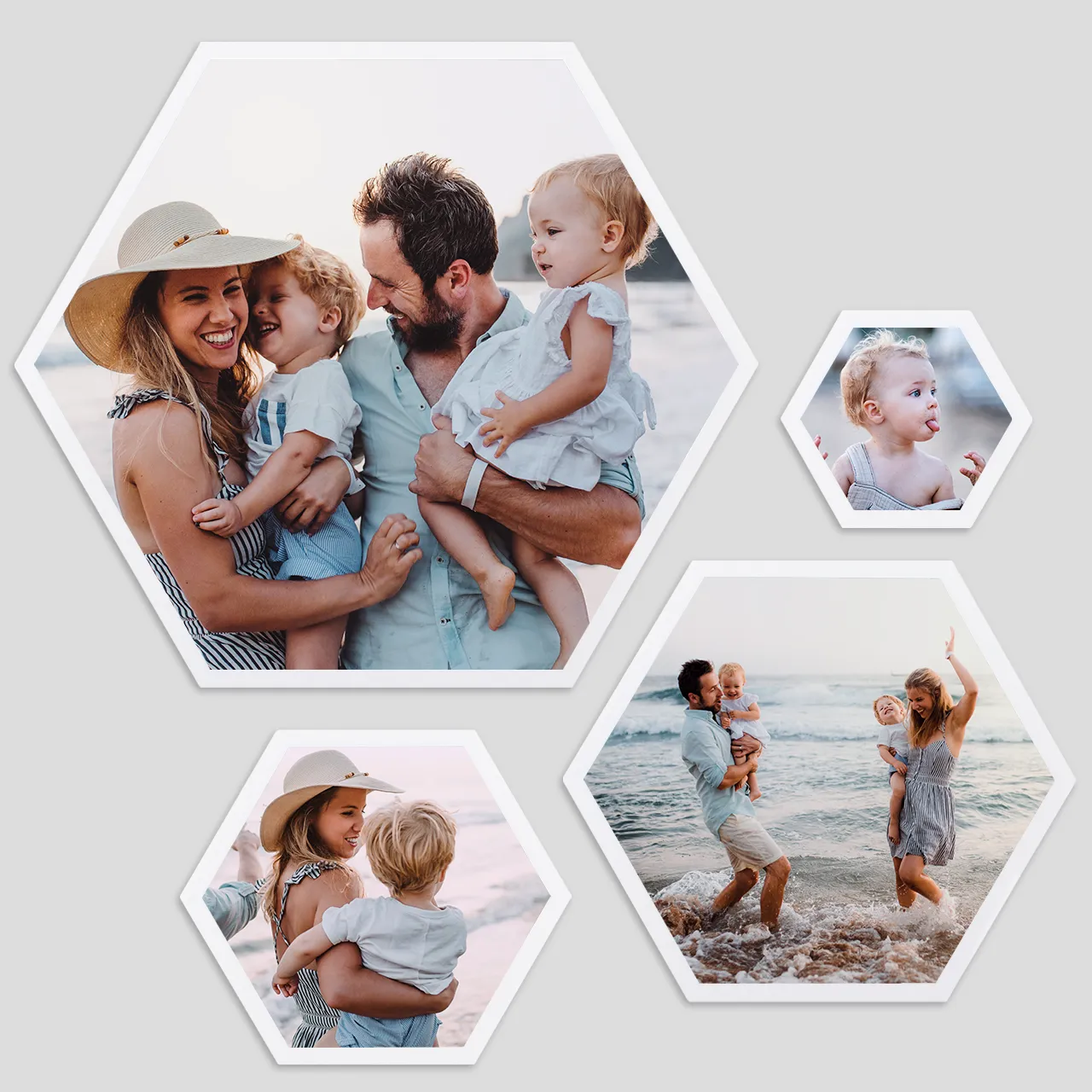 Set of personalised hexagon photo tiles – colourful wall prints Stack of two hexagon photo tiles showing vibrant printed photos