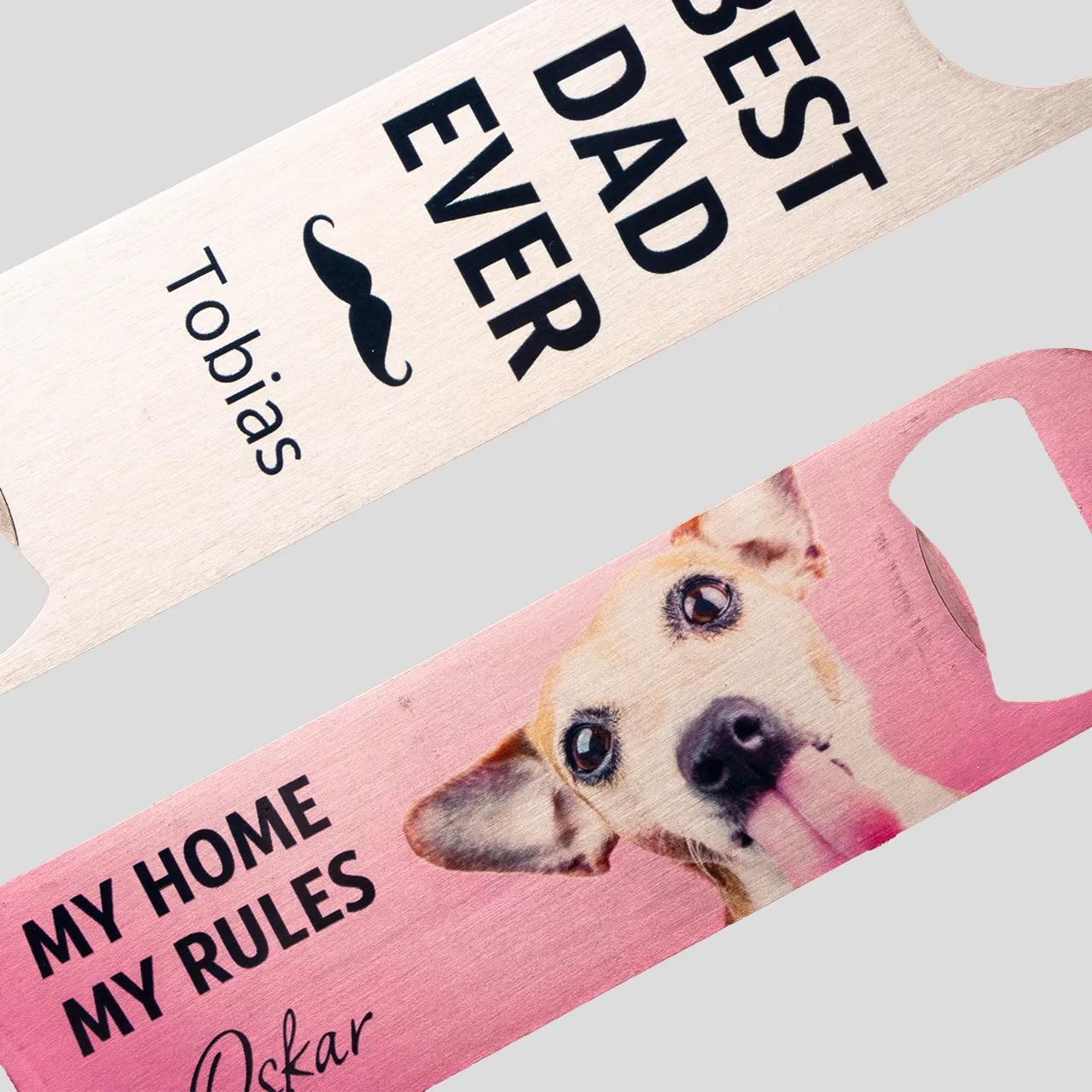 Personalised bottle opener with visible metallic structure Our photo bottle opener has a special look. The structure of the stainless steel shines through, especially on very light-coloured areas of your picture, giving it a beautiful rustic look.