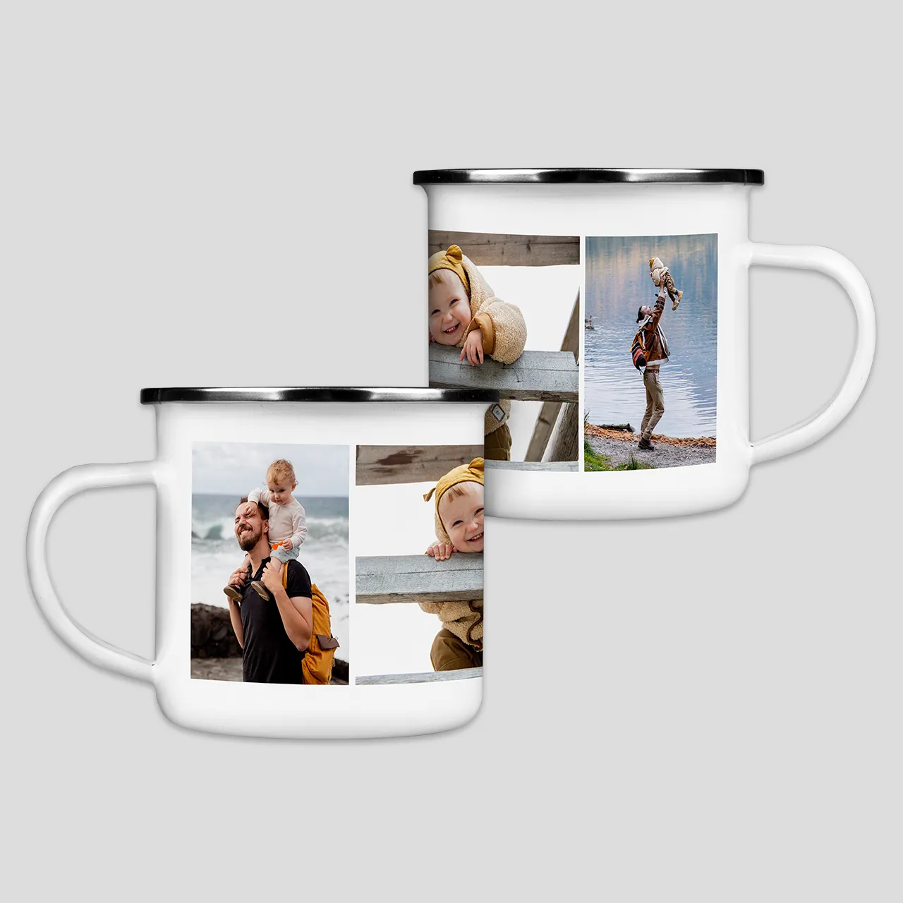 Create an enamel mug with a variety of designs, panoramic print Have an enamel mug printed with names, individual designs or favourite photos. The design wraps almost entirely around the mug.