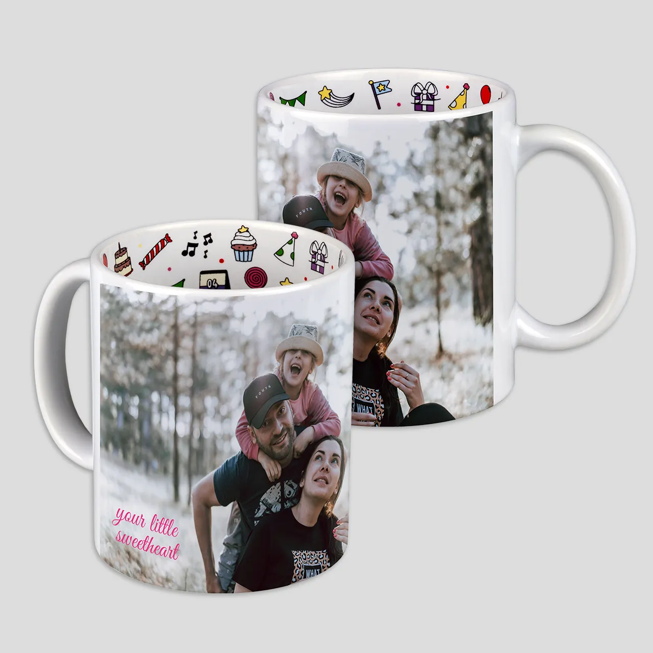 Birthday mugs, outside fully customisable You can design the outside of the mug with your photo and text. Your design is printed almost all around the birthday cups.