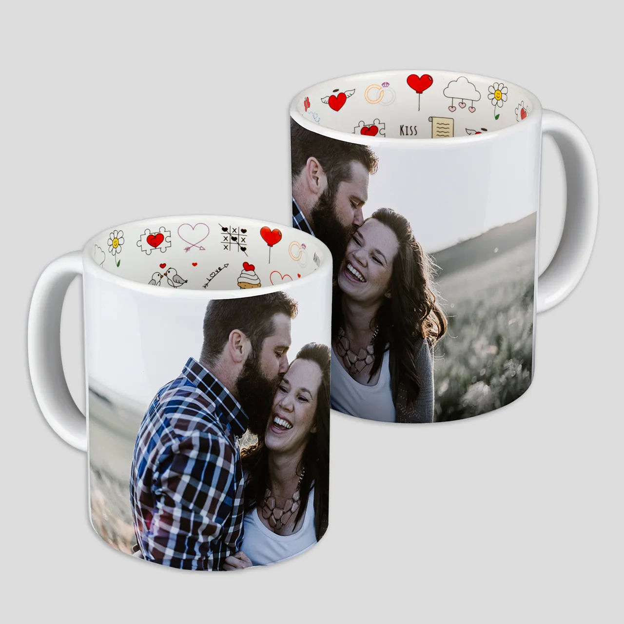 You can design the outside of the mug with your photo and text. Your design is printed almost all around the birthday cups.