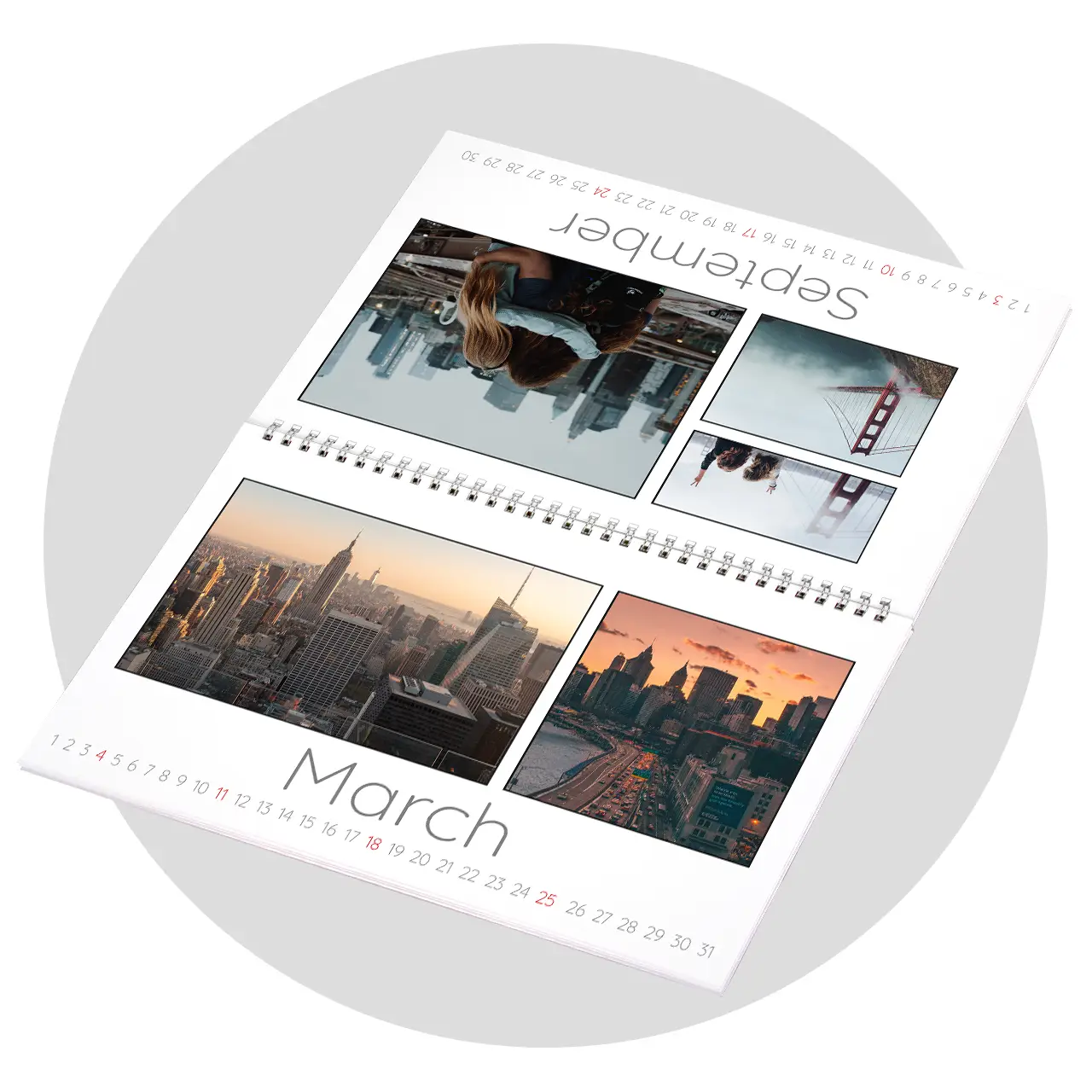 Create a calendar in A3 or A4 format These two examples show how to create a calendar using personal photos, with clear monthly date layouts.